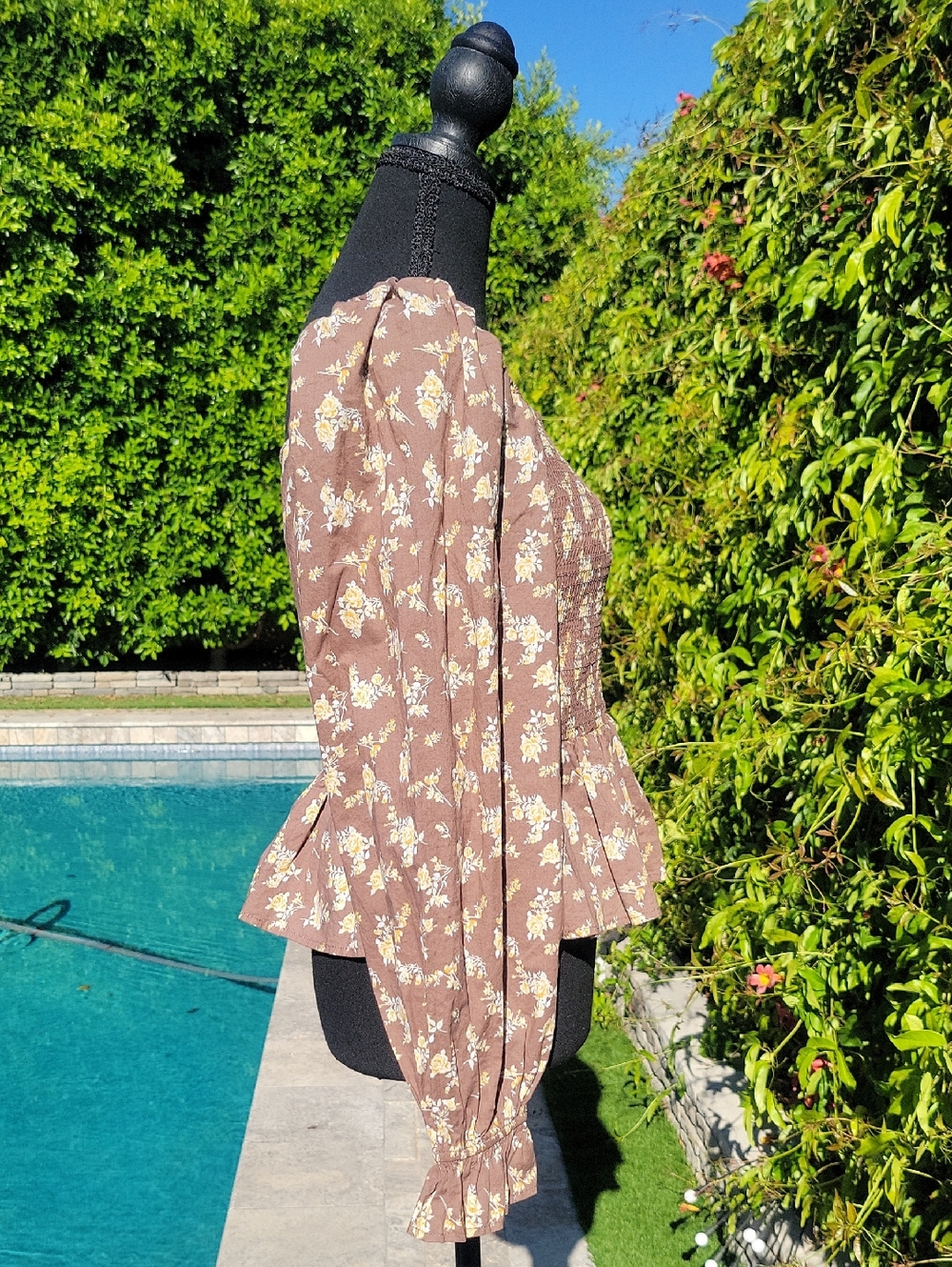 Brown Floral 100% Cotton Puff Sleeve Stretchy Boho Blouse L - Picture 9 of 14